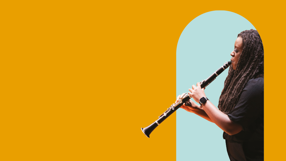 Black female student playing the clarinet to the side, with egg blue arch, with an orange background.